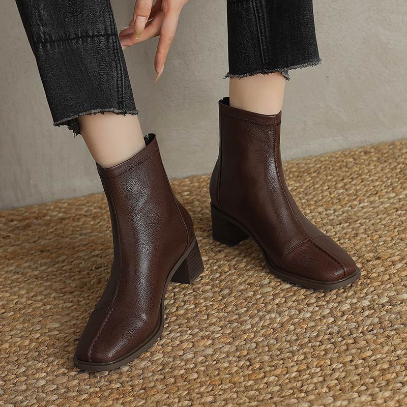 Krazing Pot Sheepskin Autumn Winter Shoes Thick Heels Size 42 Square Toe Zipper Vintage Ankle Boots