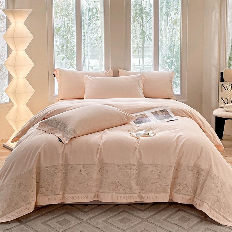 Mercury Pure Cotton Embroidered 4-Piece Set: Brushed Thick Warm Long-Staple Cotton Solid Color Fitted Sheet