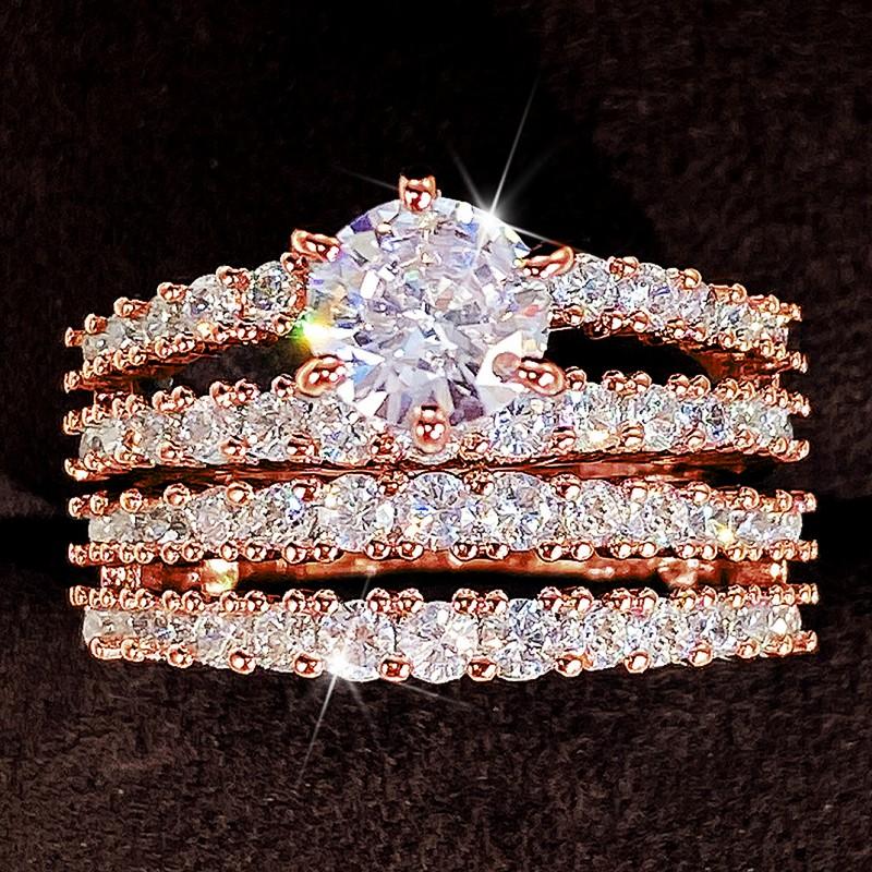 Sparkling 2Pcs Set Cubic Zirconia Rings for Women Wedding Engagement Fashion Jewelry Luxury Trendy Female Rings Wholesale