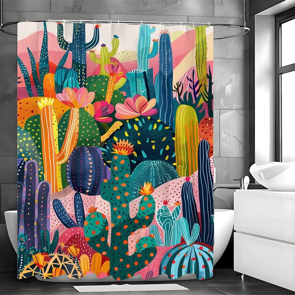 Vibrant Cactus Garden Shower Curtain With Colorful Patterns For A Fun And Lively Bathroom Decor