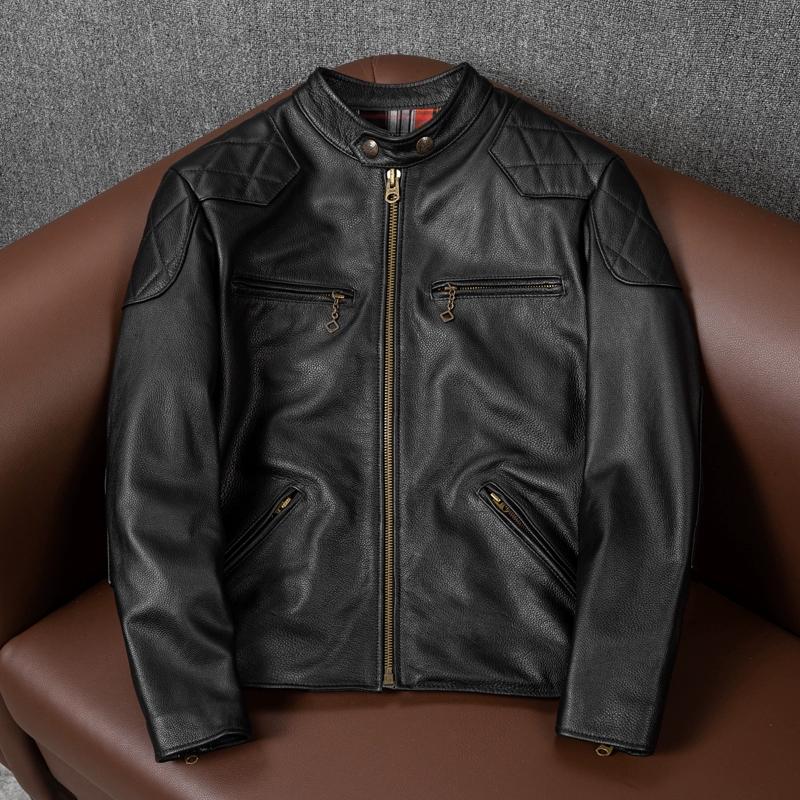 

Мужская куртка из натуральной кожи со стойкой, байкерское пальто, модная приталенная короткая куртка большого размера S