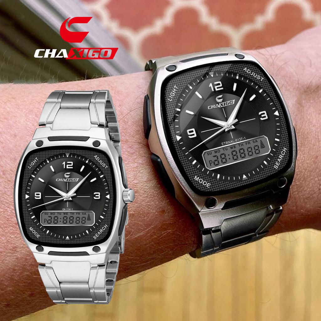 שעון יד אנלוגי לגברים עם תצוגה כפולה, רצועת נירוסטה, מחוגים זוהרים, עמידות למים 30 מ', שעון קוורץ