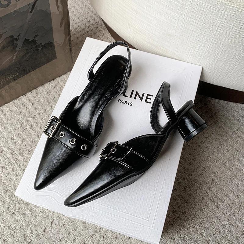 Small Fragrant Style Women Shoes Circle High Heel Sandals Solid Color Pointed Toe Ladies Back Style Single Shoes Shoes for Women