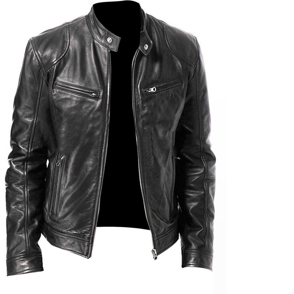 Mens Motorcycle Leather Jacket Slim Fit Short-Coat Lapel PU Jackets Autumn Zipper Stand Windproof Leather Coat Mens Clothing