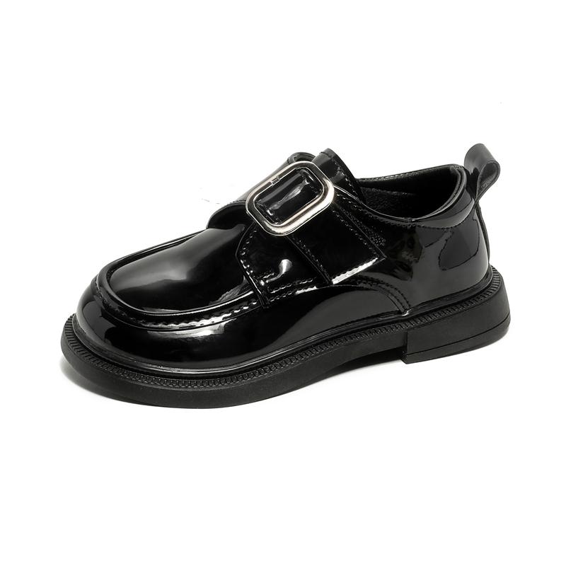 Kids Leather Shoes Black Glossy Pu Girls Princess Shoes Soild Color Metal Decoration 2025 New Children Flats School Trendy Soft