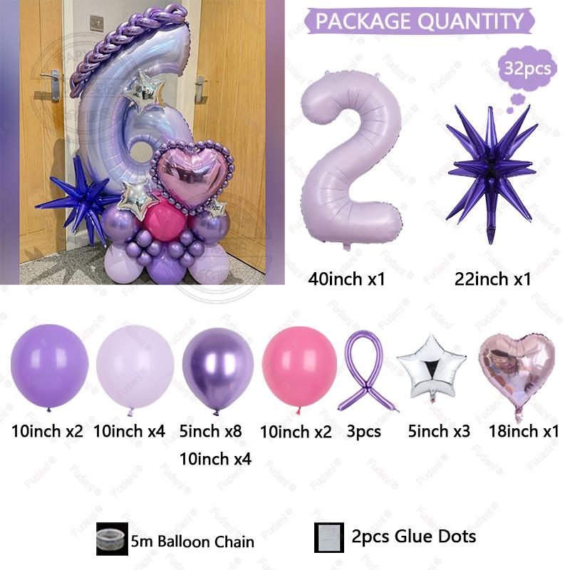 32pcs Purple Explosion Star Love Balloon 40 Inch Number 1-9 Birthday Balloon Set Children's Birthday Party Photography Props
