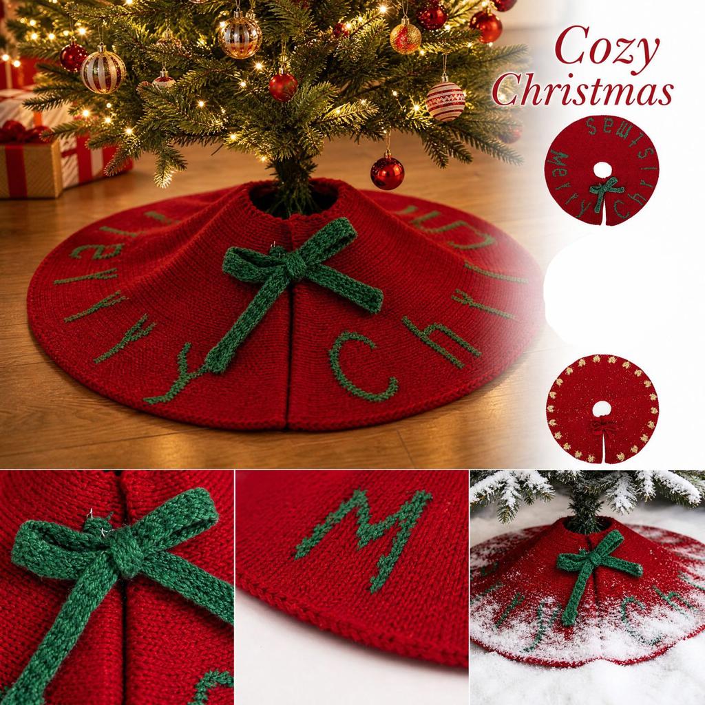 Red Knitted Wool Christmas Tree Skirt for Holiday Tree Base Decoration and Ornaments