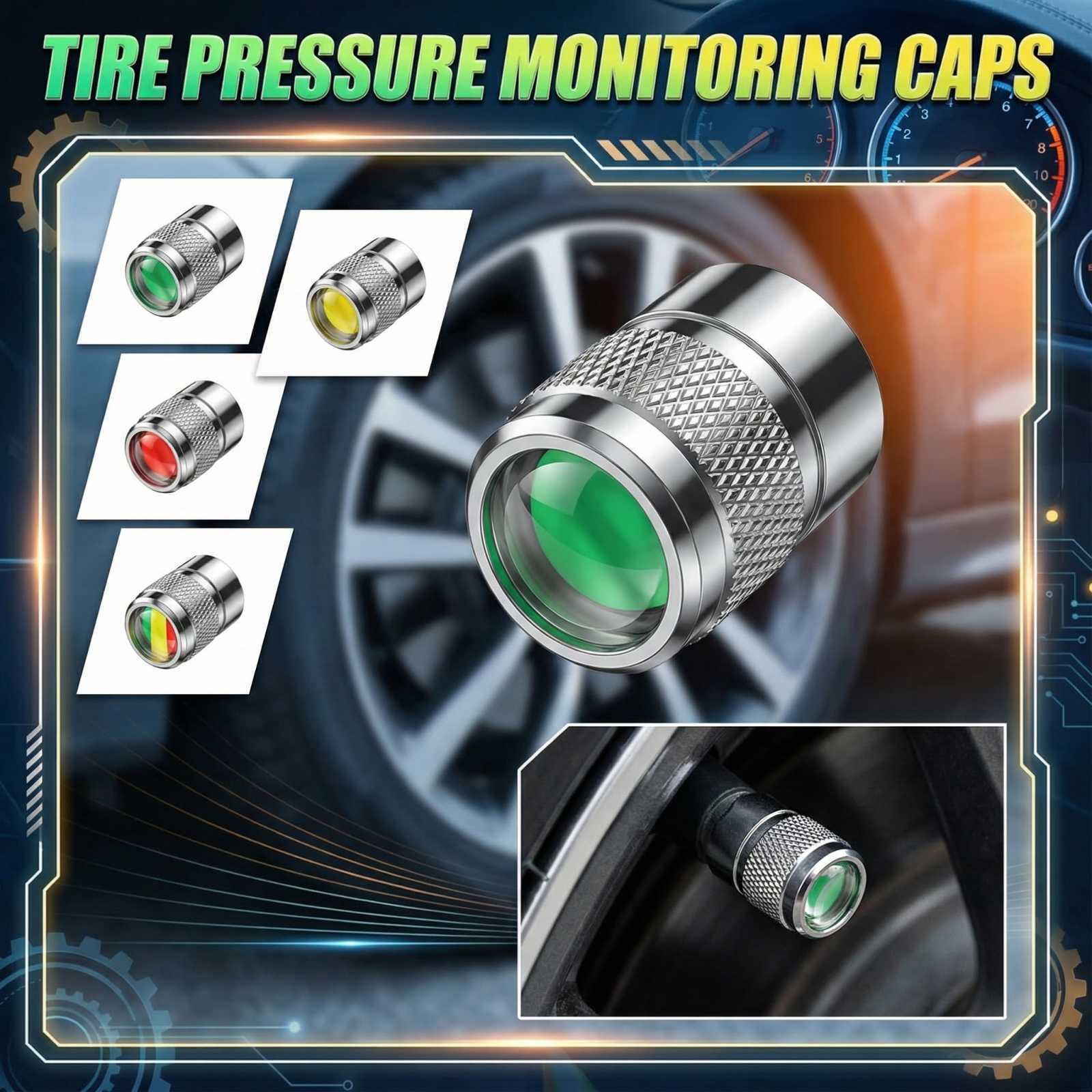 

4 PCS Tire Pressure Monitor Stem Caps, Car Tire Pressure Monitor With 3-Color Eye Alert, Universal Stem Caps For Cars One Size