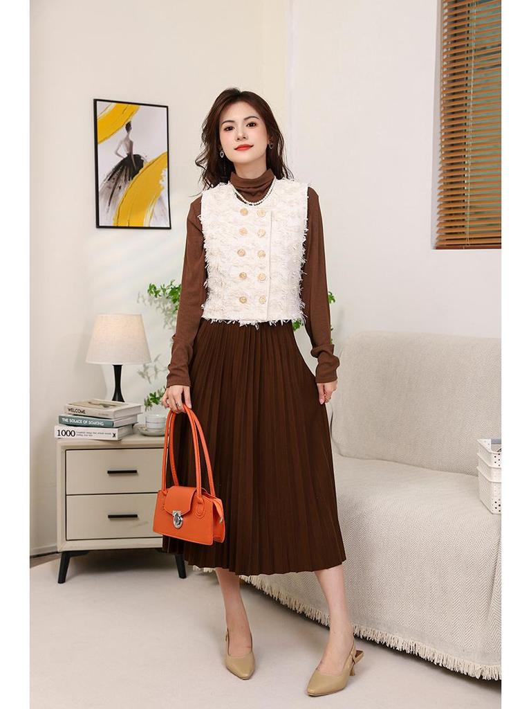 Temperamental Elegant High-Waist Woolen Pleated Skirt - Women's Mid-Length Swing Skirt