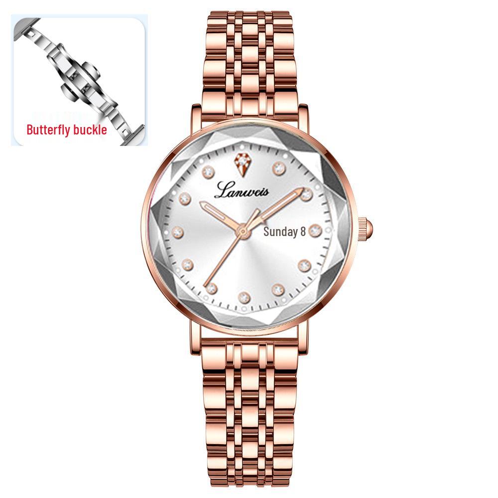 Origineel Dames Stalen Band Horloge met Vlinder Sluiting, Dubbele Datum, Lichtgevend, Waterdicht, Elegante Nieuwe Stijl.