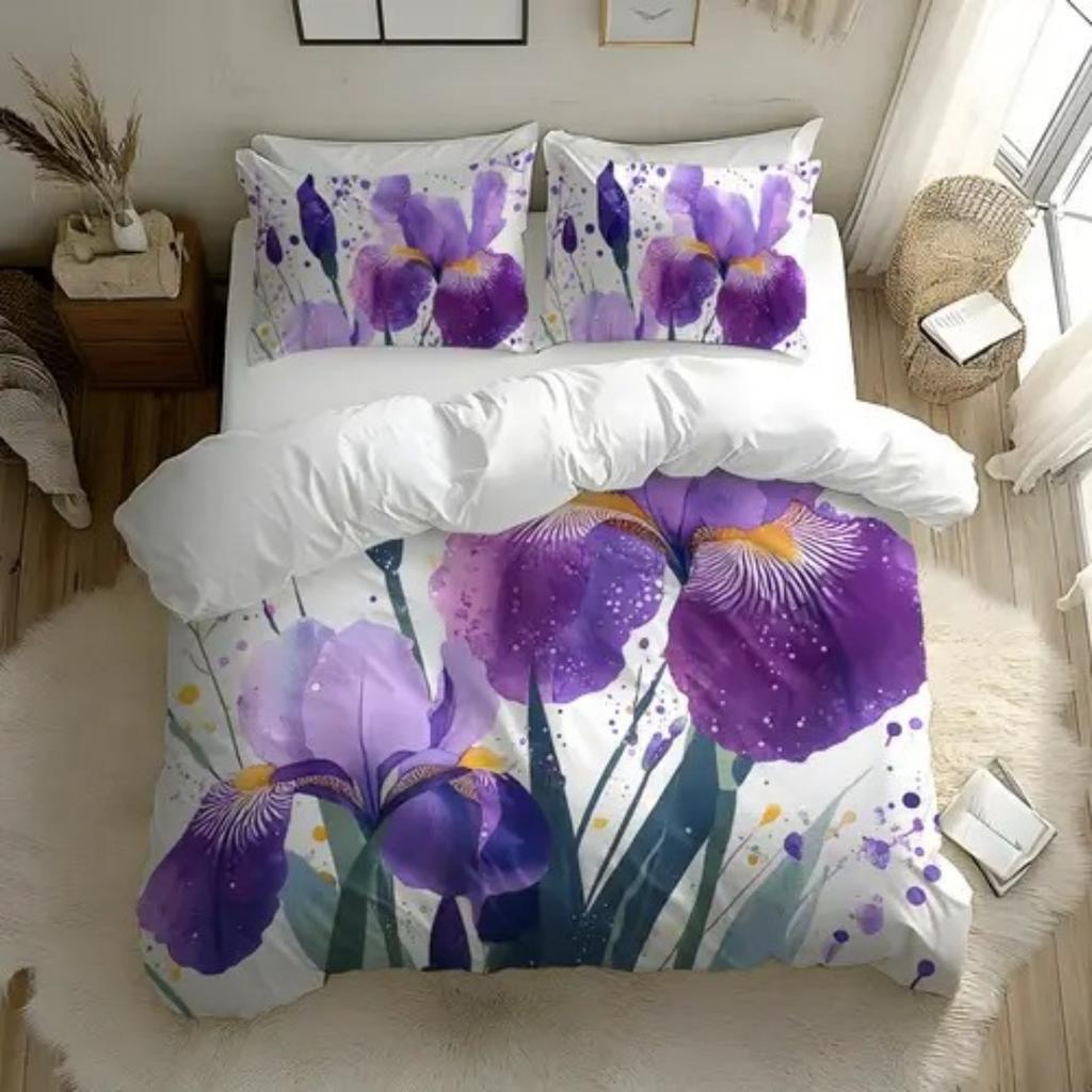 Luksusowa poszewka na kołdrę z fioletowym wzorem kwiatowym, rozmiar Queen King, drukowana cyfrowo 3D, pościel, miękka i wygodna, zestaw 3-częściowy
