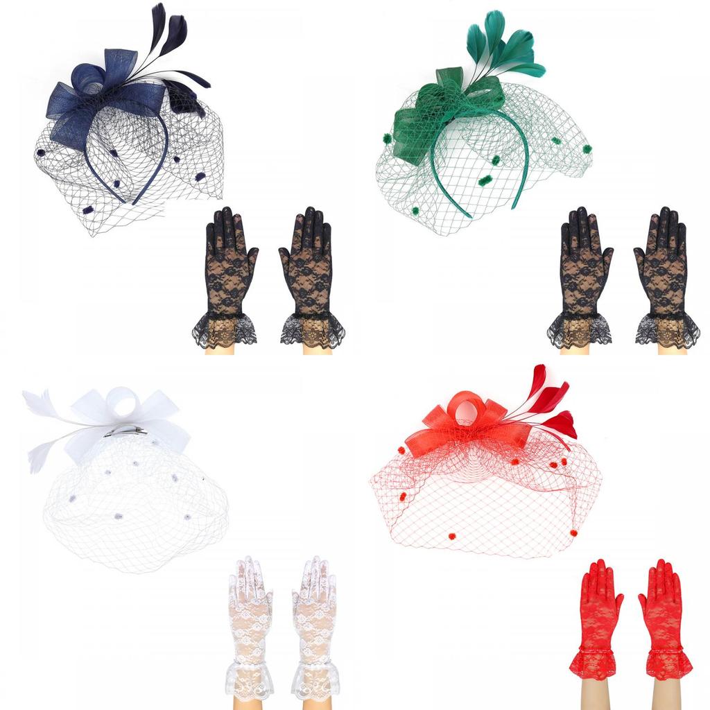 Oberoende Förpackning Spetshandskar Och Vintage Slöja Pannband Set För Bröllop Rese Souvenirer Personal Förmåner Ha5082 Set