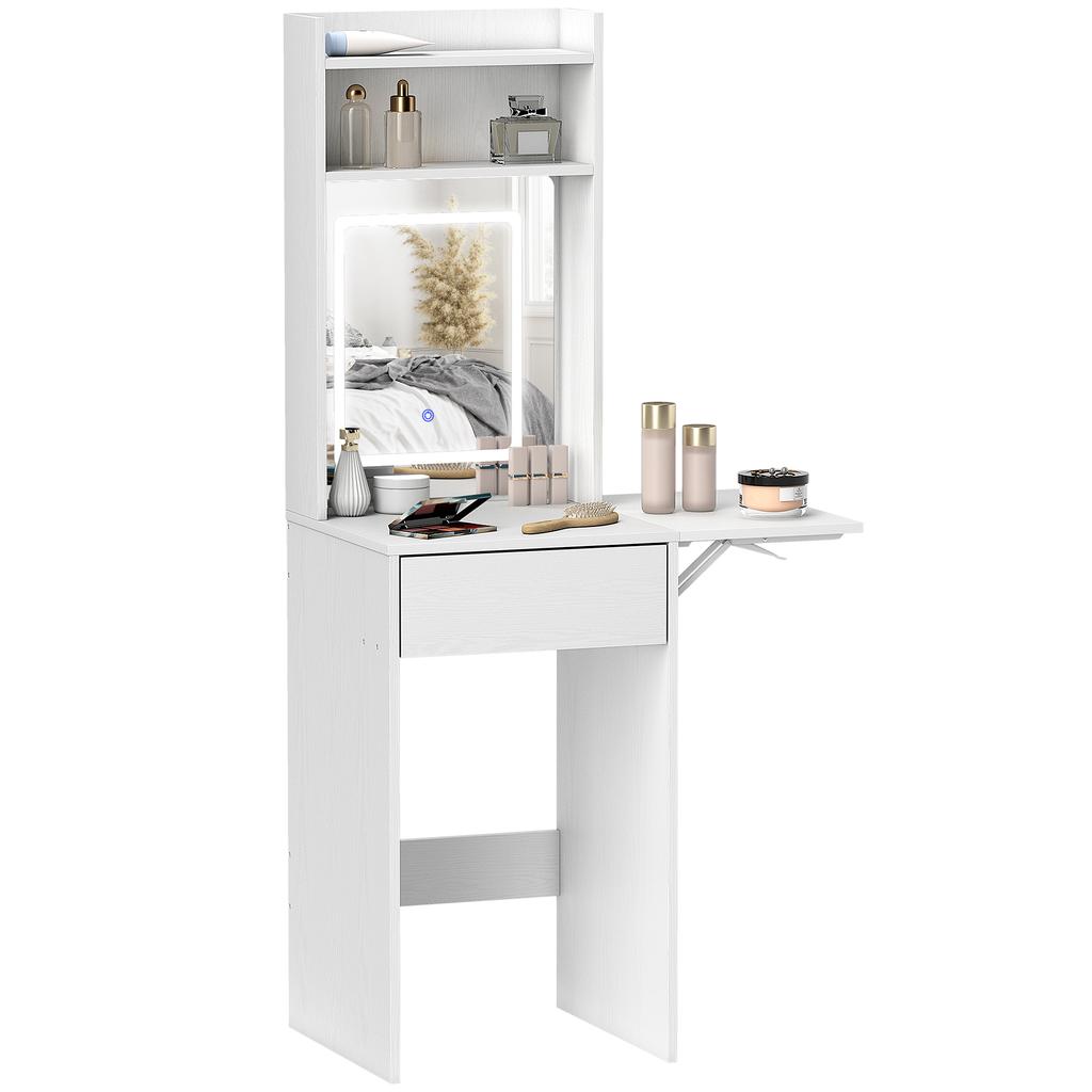 Small Vanity Desk with Mirror and LED Lights, Compact Dressing Table with Drop Leaf, Open Shelves and Drawer, White