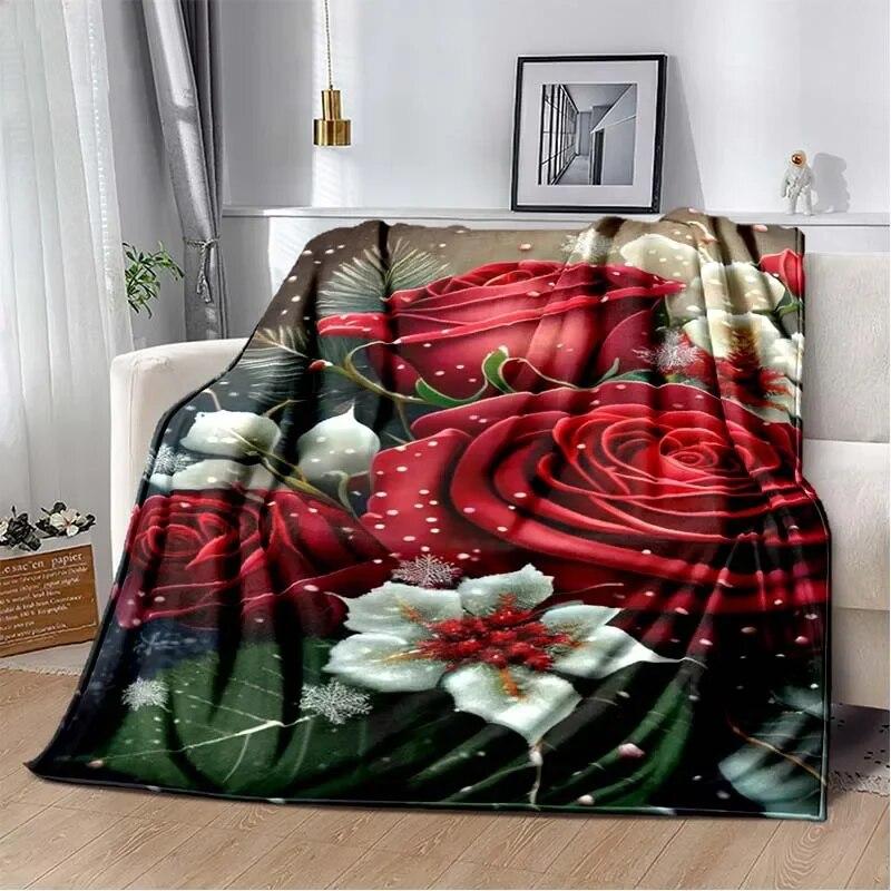 Patterned Red Rose Lightweight Flannel Blanket ,Warm Soft Cozy Blanket Home Decor Birthday Gift For All Season Blanket