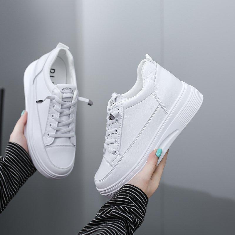 White Leather Platform Sneakers Women Thick Sole Slip On Comfort Walking Shoes Height Increase Casual Autumn