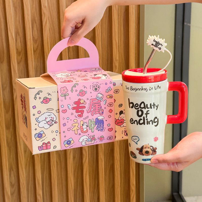 Ins High Value Cute Straw Cup for Girls Large Capacity Ceramic Mug with Lid Couple Water Cup Birthday Gift