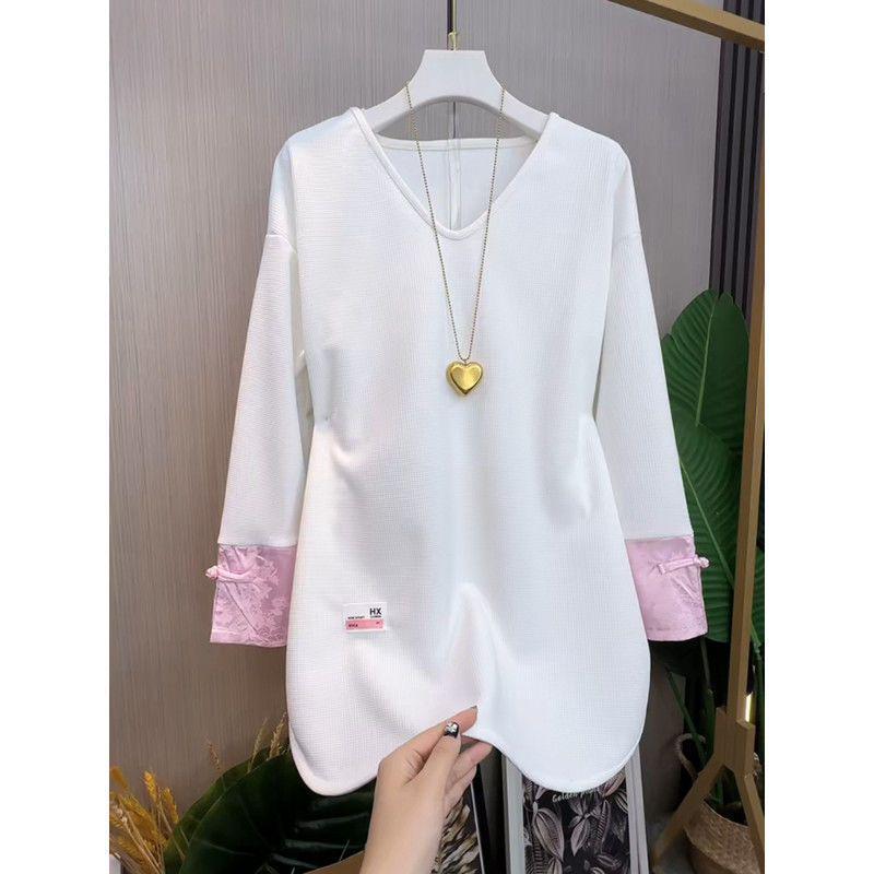 

Women s Plus Size Chinese Style Long Sleeve T-shirt - Early Spring, Loose Slimming Mid-length Top 3XL белый