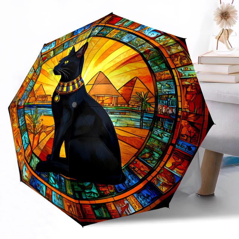 Mystische Schwarze Katze Mondsichel Automatischer Outdoor-Regenschirm Einziebares Design mit 8-Speichen-Haltbarkeit Leicht Perfektes Geschenk für Freunde Familie