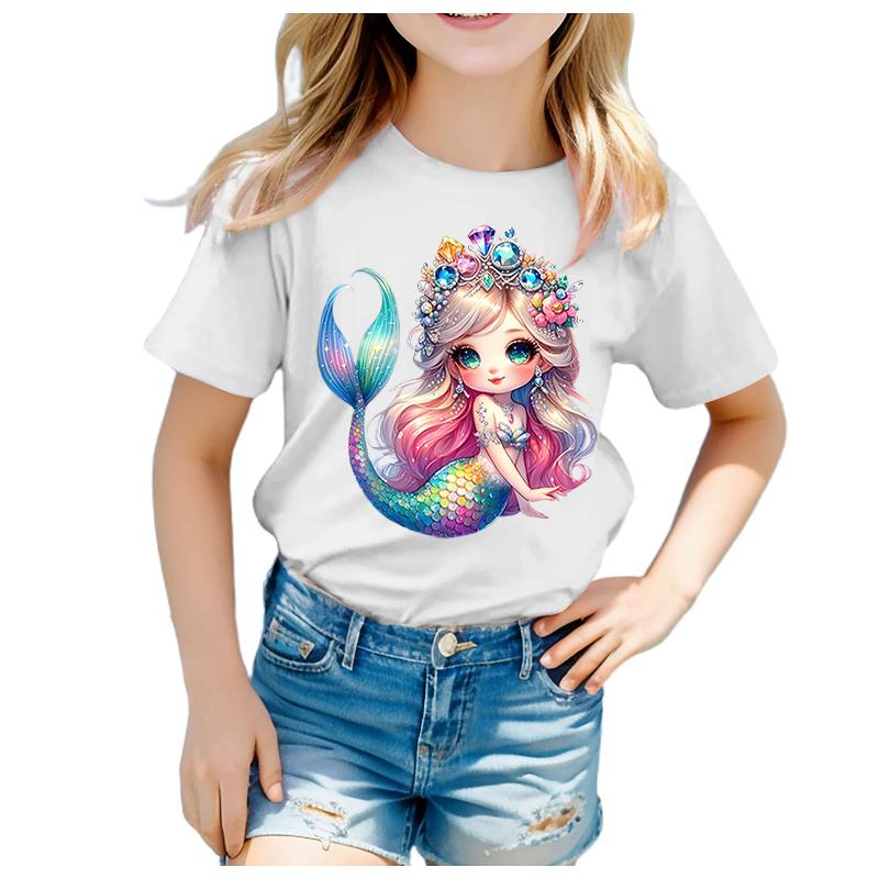 Girls Adorable Mermaid Princess Print Tshirt Summer CrewNeck ShortSleeved Soft Polyester Fabric Kids Top Clothing