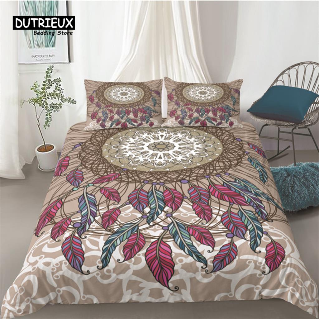 Housse de Couette Bohème Attrape-Rêves Imprimé Géométrique Plumes Ensemble de Literie Taille King Queen Décor de Chambre Housse de Couette en Microfibre