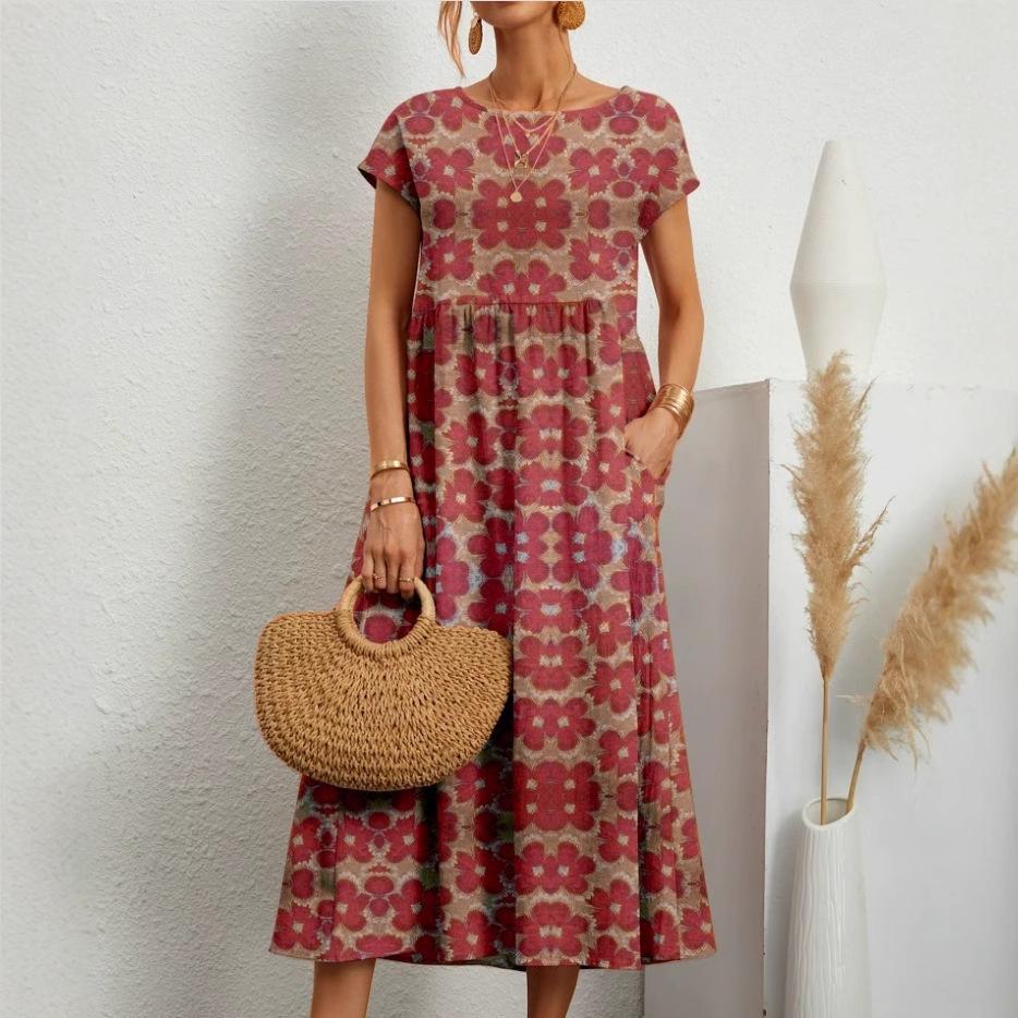 European & American Style Loose Sleeveless Cotton Linen Dress with Matching Colors & Sizes - Round Neck Summer Print Dress for Women