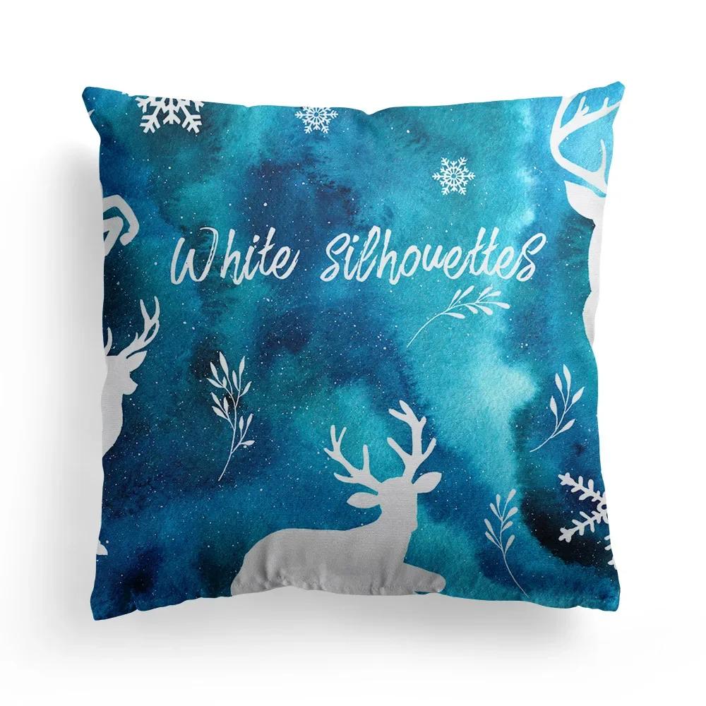 Home Decoration Christmas Blue Elk Plant Pillow House Polyester Cushion Cushion Decoración Navideña Funda De Almohada
