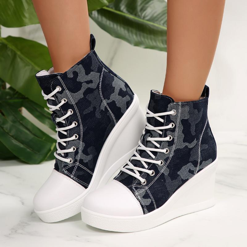 Sexy Leopard Wedge Heel Lace Up Canvas Shoes Women 2025 Autumn Round Toe Medium Heel Shoes Thick Bottom Ankle Boots
