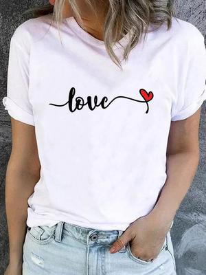 (Rozmiar azjatycki) T-shirt z okrągłym dekoltem list miłosny uroczy Odzież Top Krótki Rękaw T-shirt Casual Moda Nadruk Pani Kobieta Kobiety Graficzne T-shirty