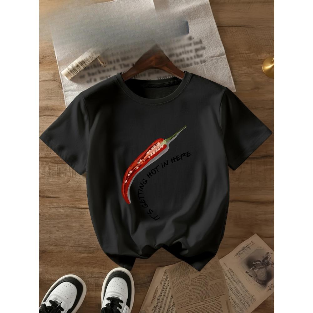 T-shirt da Donna a Maniche Corte con Peperoncino Rosso e Slogan Stile Vintage Famoso