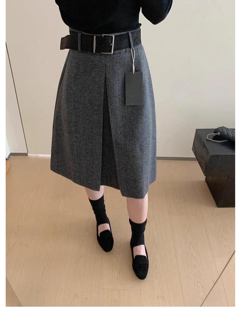Grey Woolen Mid-Length Half Skirt for Women - High-End 2025 Autumn/Winter Collection