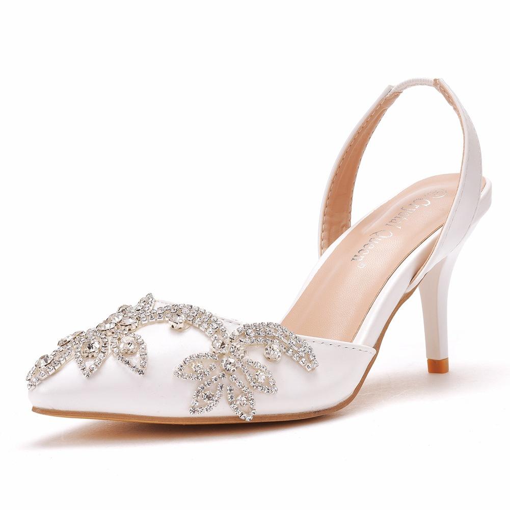 7cm Shallow Tip Toe White Wedding Sandals Thin Heels Small Size Rhinestone Chain Wedding Shoes Bride Wedding Photo Shoes