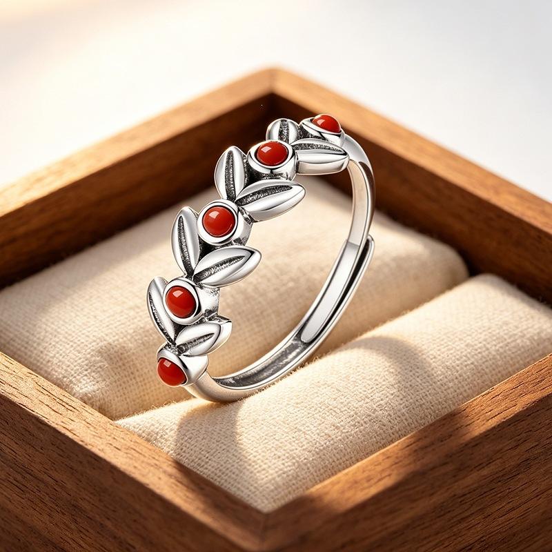 New Creative South Red Wheat Forest Style Fresh Leaf 925 Sterling Silver Jewelry Retro Opening Rings 02900