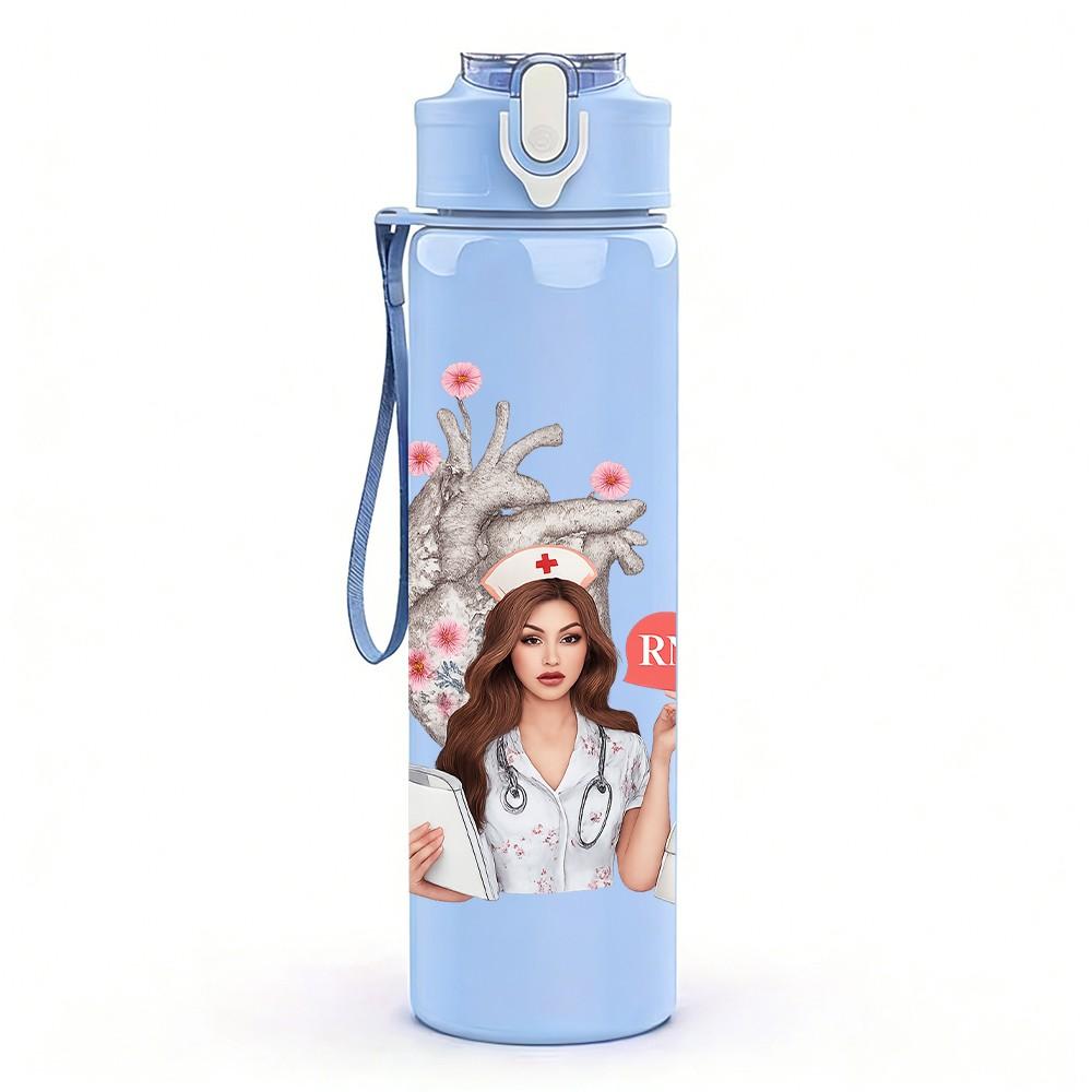 1PC Nurse Glasses Cute Portrait 750ml Color Plastic Sports Water Bottle Leakproof Flip Straw Lid Suitable for Sports Office Home Use