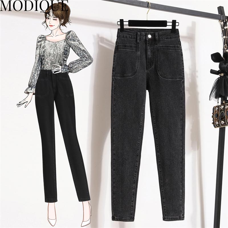 MODIQUE Spring Plus Size New Women Versatile Vintage High Waisted Slimmer Elastic Long Jeans Lady Casual Pencil Pants   Trousers