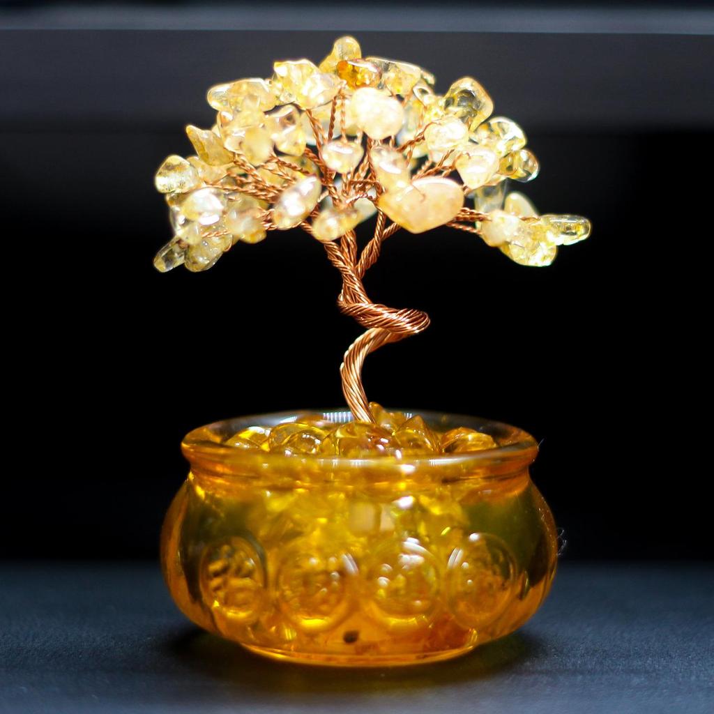 Handcrafted Yellow Citrine Money Tree Teacup Crystal Home Decor
