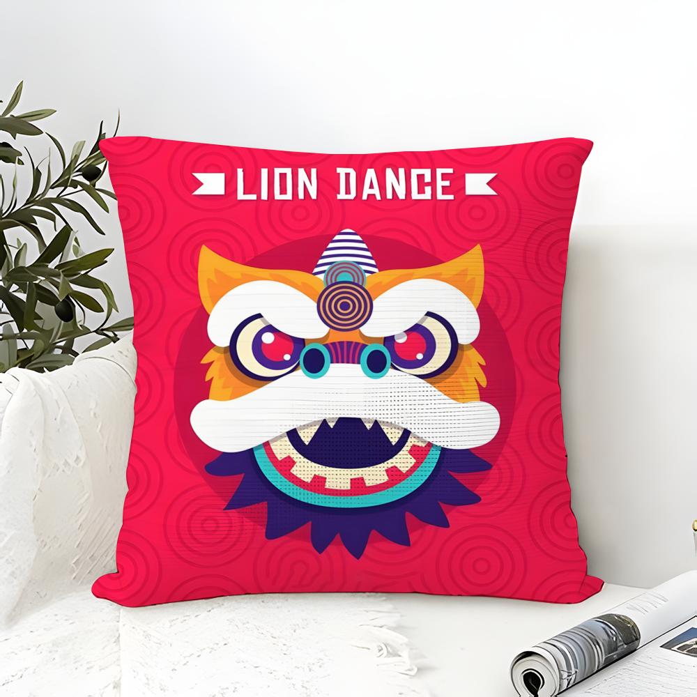Oriental Festive Lion Print Pillow Case Cotton Linen Fabric Square Zipper Pillowcase Home Decorative Living Room