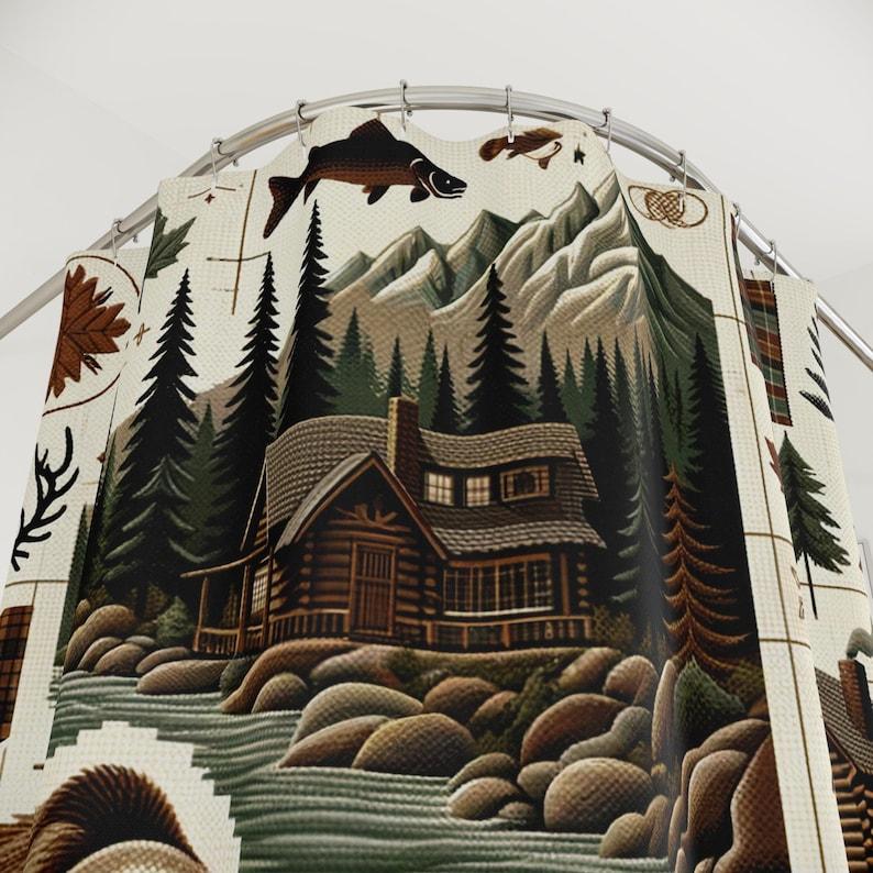 Rustic Cabin Shower Curtain - Bear, Canoe & Forest Nature Design, Ideal for Lodge, AirBnB or Outdoor Lover Gift