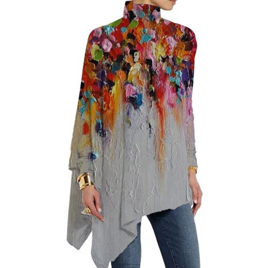 Fall Spring Women Top Colorful Artistic Print High Collar Loose Irregular Hem Long Sleeve Mid Length Pullover Soft Colorfast Casual Lady Blouse