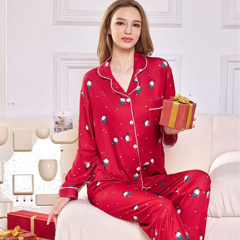 Women's Pajamas Christmas Printed Long Sleeve Long Pants Cardigan Lapel Loose Homewear  Sleepwear
