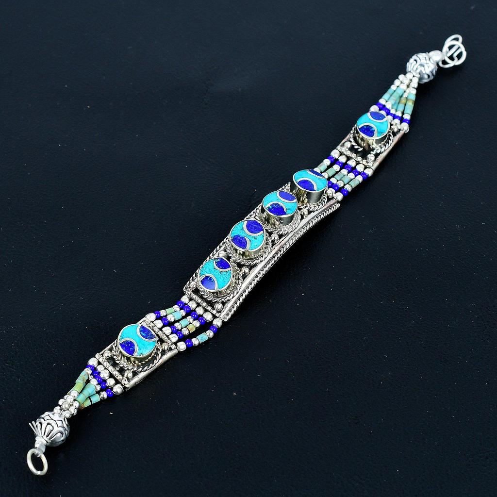 Lapislazzuli , Turchese Argento Sterling 925 Argento Tibetano Bracciale Fatto a Mano Bracciale Gioielli Asiatici Nepal Bracciale Imponente Gioielli Charm Baho