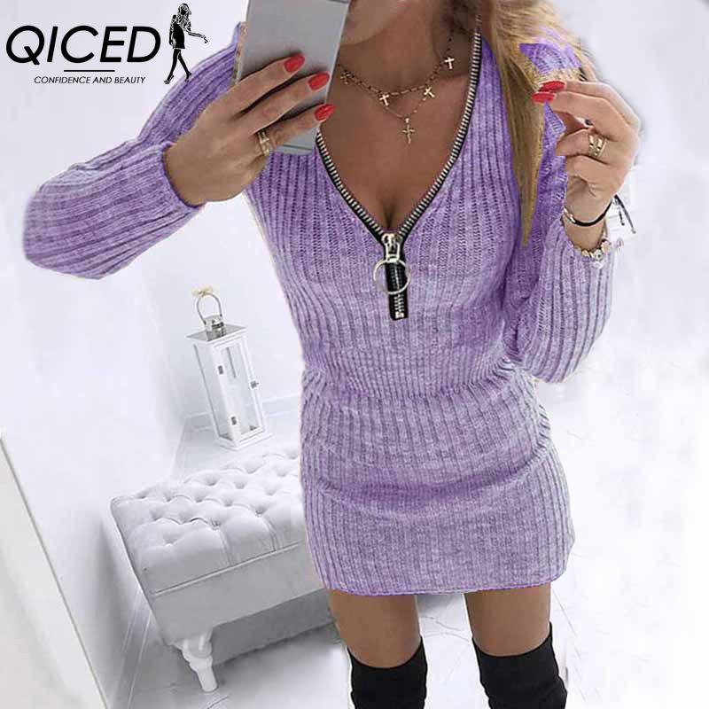 QICED S-5XL Autumn Winter Womens Wrap Skirts Zipper Waist Long Sleeve Knitted Dress Hips