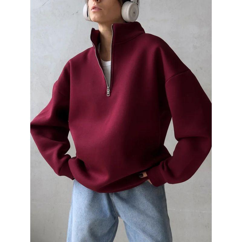 Western Style Fashion Casual Loose Stand Collar Half Zipper Pullover Hoodie Solid Loose Top Half Zip Top