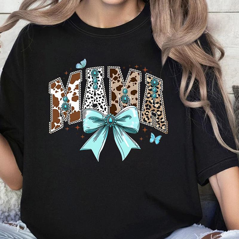 Leopard Lightning Mama Graphic T Shirts Cute Flower Bow Mom Life Vintage T Shirts New Mom Gift Wildflowers Mama Crewneck T-shirt