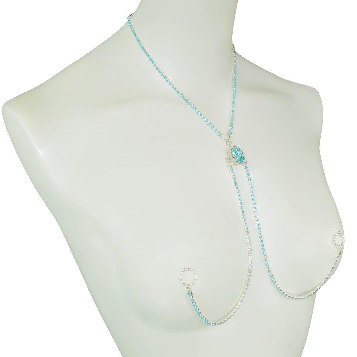 

Hanazono Jewelry Oval Closed Diamond Lane Nipple Necklace with Aquamarine and Silver, Nipple Accessory, Nipple Ring, Nipple Necklace, Cleavage,