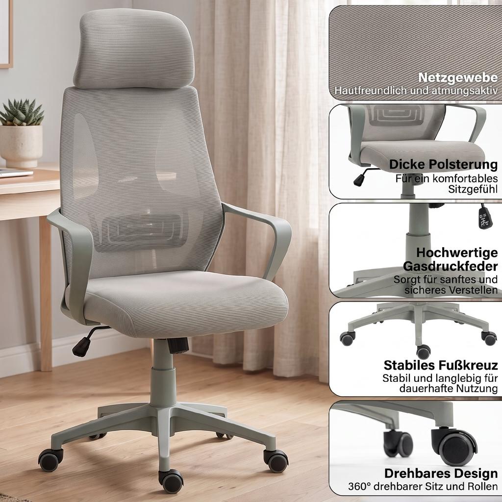 Office Chair, Desk Chair with Rocking Function, Height-Adjustable with Headrest, Lumbar Support, Grey