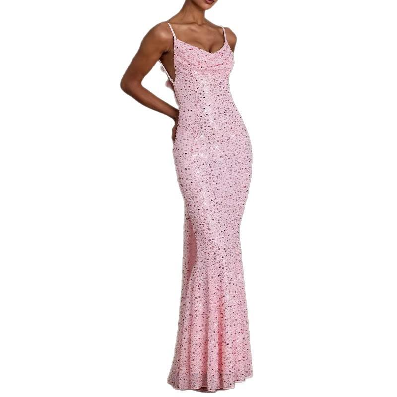 2026 European and American cross-border celebrity dress sequined bead tube suspender fishtail skirt dinner party backless slim dress