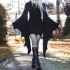 Halloween-Kleid für Damen, zum Schnüren, schmale Passform, unregelmäßige Rüschenmanschetten, Glockenärmel, ausgehöhlt, runder Halsausschnitt, einfarbig, Vampire, Cosplay, Performance, Maxikleid