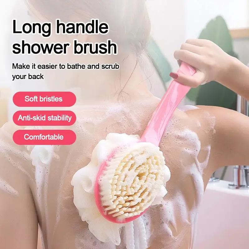 2-in-1 Double-sided Bath Brush with Gentle Long Handle for Body Cleaning, Shower Soft Hair Exfoliating, Shower Brush