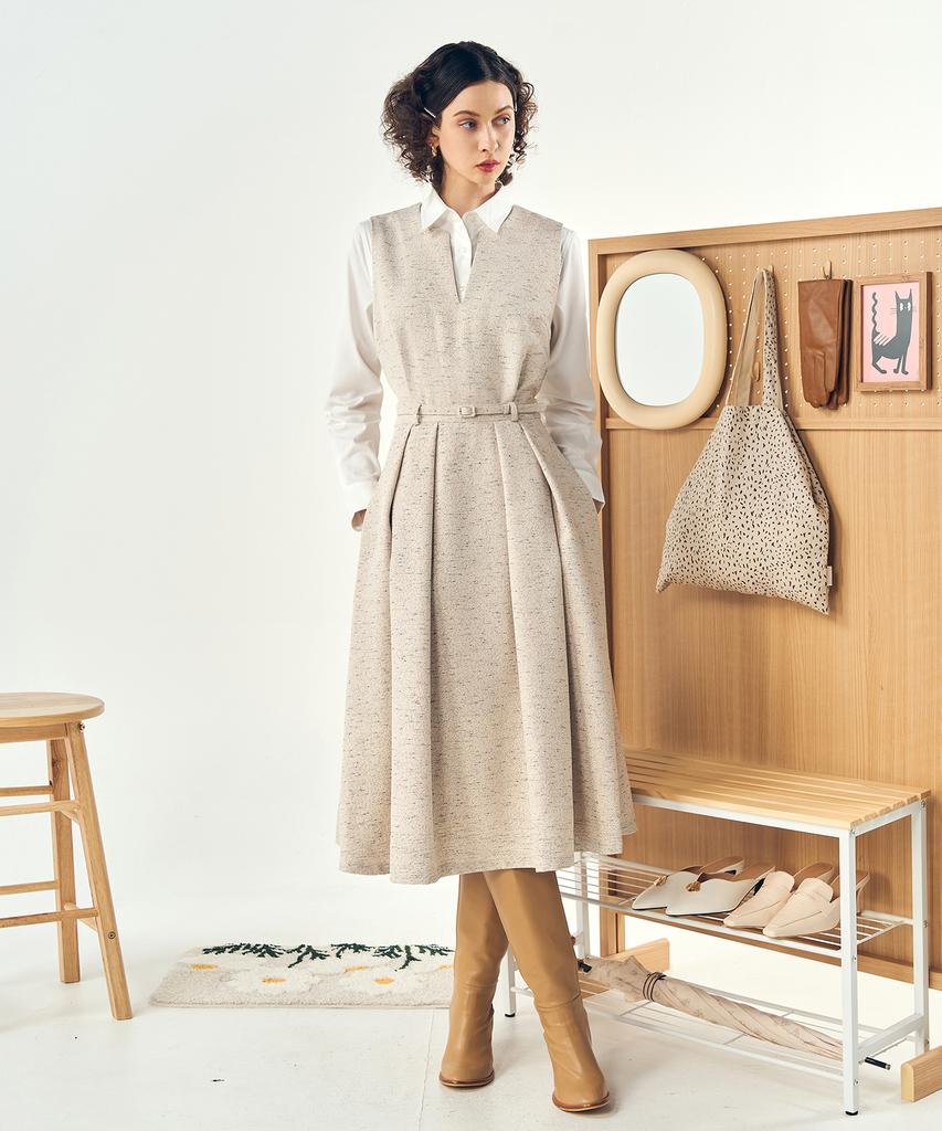 Pelimela Twill Two-Piece Long Dress Belt Set (Beige)