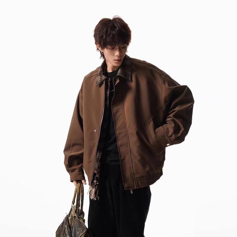 QOTRIOCK American Retro Plaid Patchwork Baseball Jacket XL